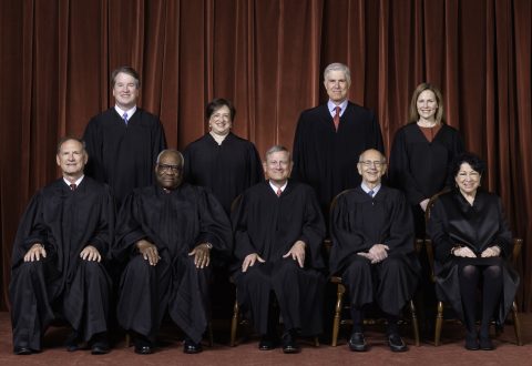 The Roberts Court, April 23, 2021  
Seated from left to right: Justices Samuel A. Alito, Jr. and Clarence Thomas, Chief Justice John G. Roberts, Jr., and Justices Stephen G. Breyer and Sonia Sotomayor  
Standing from left to right: Justices Brett M. Kavanaugh, Elena Kagan, Neil M. Gorsuch, and Amy Coney Barrett.  
Photograph by Fred Schilling, Collection of the Supreme Court of the United States